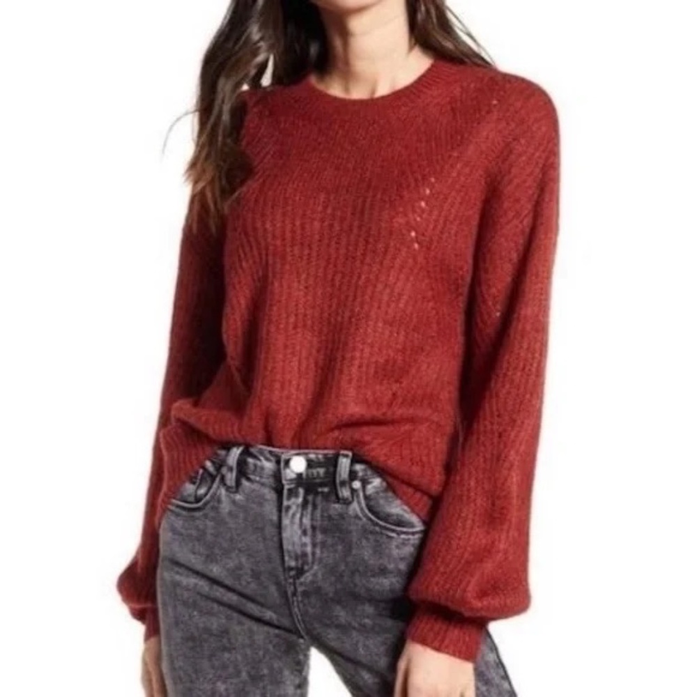New BP Pointelle Chunky Knit Long Sleeve Oversized Sweater Red Rhubarb Size XXS